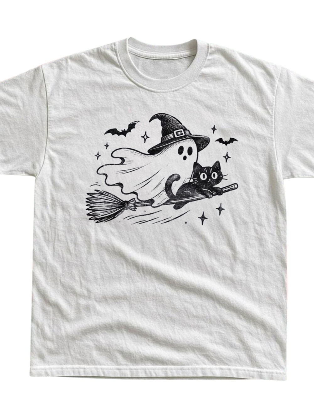 Gildan White Short Sleeve Tee with Black Ghost & Cat Witch Graphic